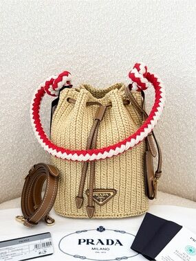 ✨NEW✨ PRADA Yarn Raffia Effect Mini Crochet Bucket Bag - Natural